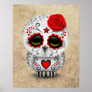Cute Red Day of the Dead Sugar Skull Owl Rough Poster