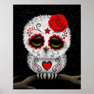 Cute Red Day of the Dead Sugar Skull Owl Stars Poster