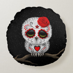 Cute Red Day of the Dead Sugar Skull Owl Stars Round Cushion