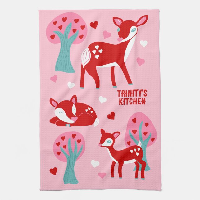 Cute Red Deer Valentine's Day Custom Message Tea Towel (Vertical)