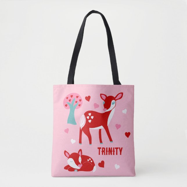Cute Red Deer Valentine's Day Personalised Tote Bag (Front)