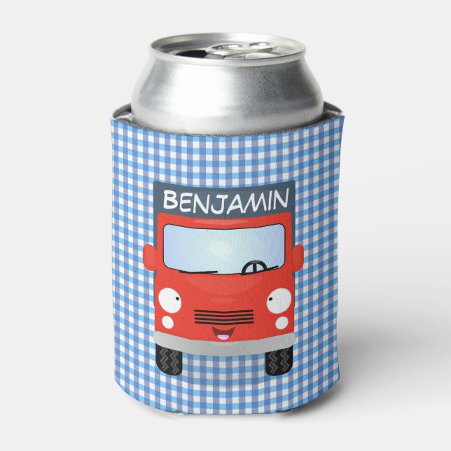 Cute red delivery truck cartoon illustration can cooler (Can Front)