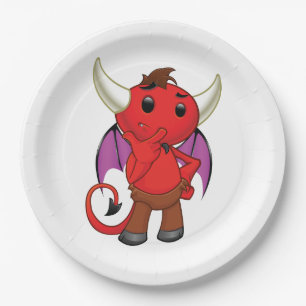 Cute Red Devil Character Thinking Mischievous Paper Plate