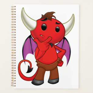 Cute Red Devil Character Thinking Mischievous Planner