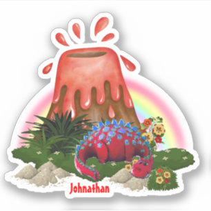 Cute red dinosaur volcano rainbow flower