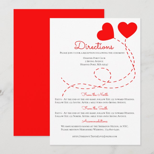 Cute Red Directions Wedding Hearts Balloons Invitation (Front/Back)