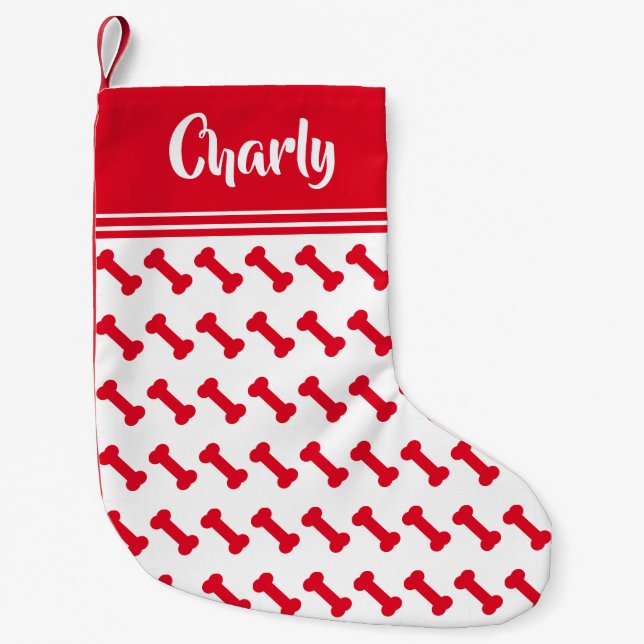 Cute Red Dog Bone Pattern - Personalised Small Christmas Stocking (Front)