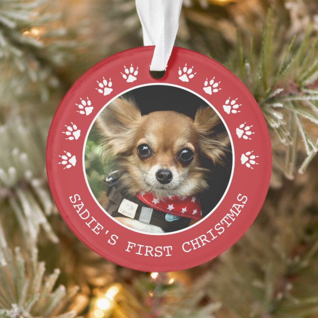 Cute Red Dog Paw Prints Photo Frame Christmas Ornament (Tree)