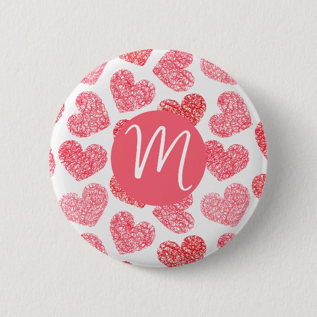 Cute Red Doodled Heart Valentine's Day Monogram 6 Cm Round Badge (Front)