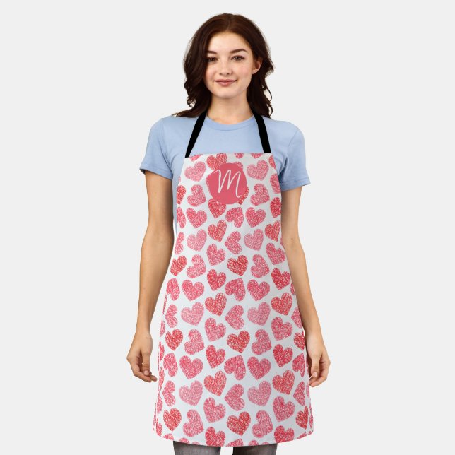 Cute Red Doodled Heart Valentine's Day Monogram Apron (Worn)