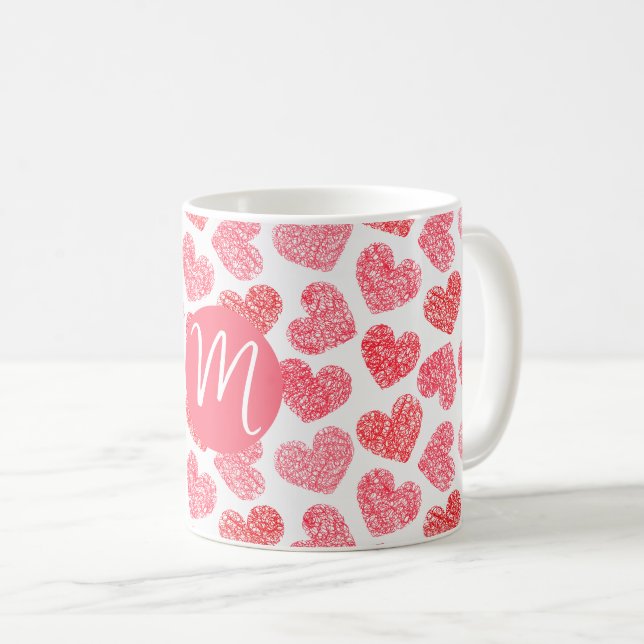Cute Red Doodled Heart Valentine's Day Monogram Coffee Mug (Front Right)