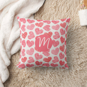 Cute Red Doodled Heart Valentine's Day Monogram Cushion