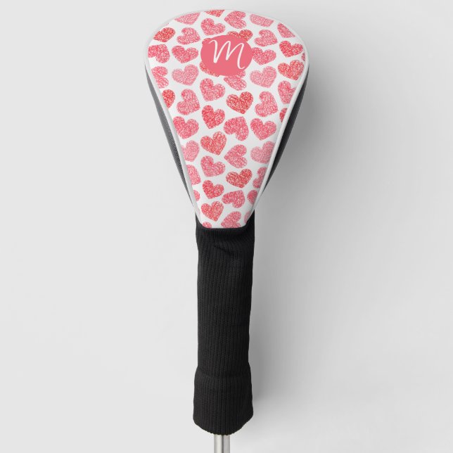Cute Red Doodled Heart Valentine's Day Monogram Golf Head Cover (Front)