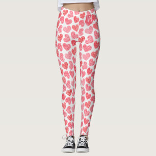 Cute Red Doodled Heart Valentine's Day Monogram Leggings