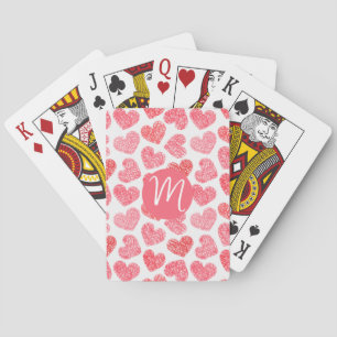Cute Red Doodled Heart Valentine's Day Monogram Playing Cards