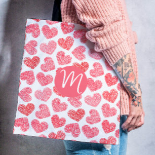 Cute Red Doodled Heart Valentine's Day Monogram Tote Bag