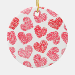 Cute Red Doodled Heart Valentine's Day Pattern Ceramic Tree Decoration