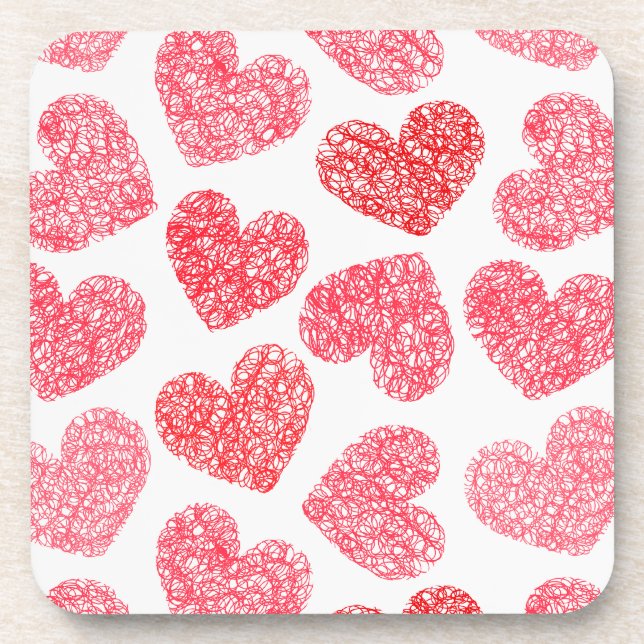 Cute Red Doodled Heart Valentine's Day Pattern Coaster (Front)