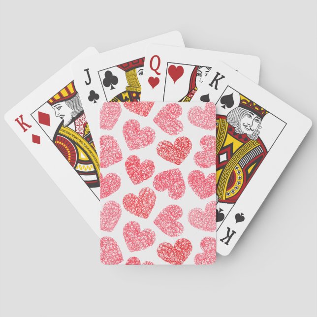 Cute Red Doodled Heart Valentine's Day Pattern Playing Cards (Back)
