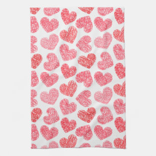 Cute Red Doodled Heart Valentine's Day Pattern Tea Towel