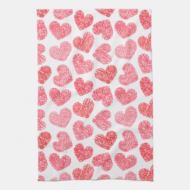 Cute Red Doodled Heart Valentine's Day Pattern Tea Towel (Vertical)