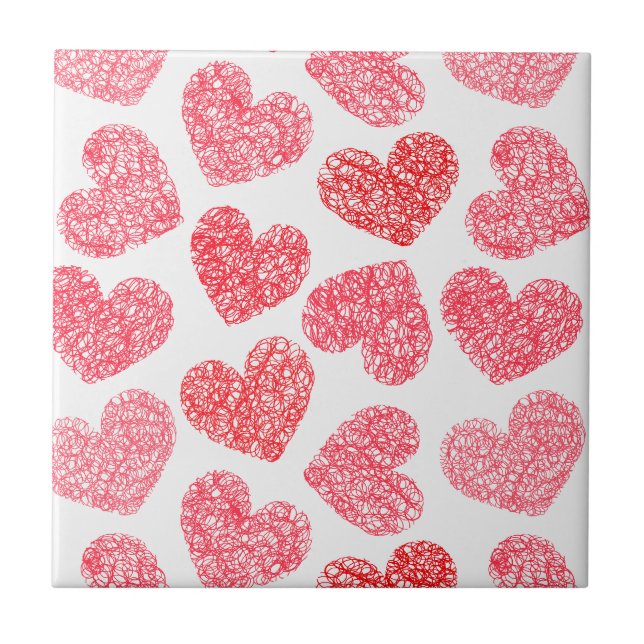 Cute Red Doodled Heart Valentine's Day Pattern Tile (Front)