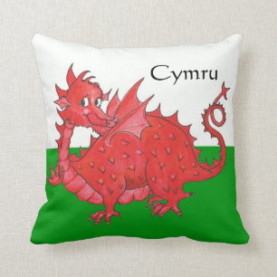 Cute Red Dragon, Green and White Pillow or Cushion