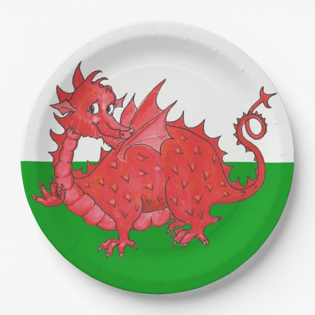 Cute Red Dragon on Green and White Paper Plate (Front)