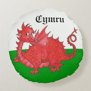 Cute Red Dragon on Green and White Round Pillow