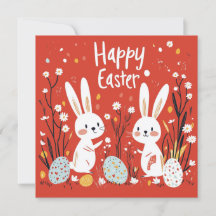 Cute Red Easter Holiday Card with Two Bunnies