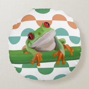 Cute Red Eyed Tree Frog Colourful Geometric Round Cushion