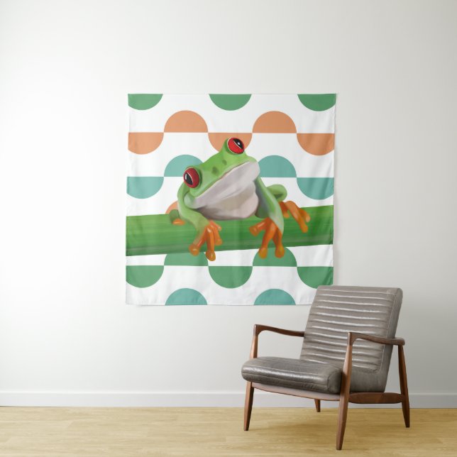 Cute Red Eyed Tree Frog Colourful Geometric Tapestry (In Situ)
