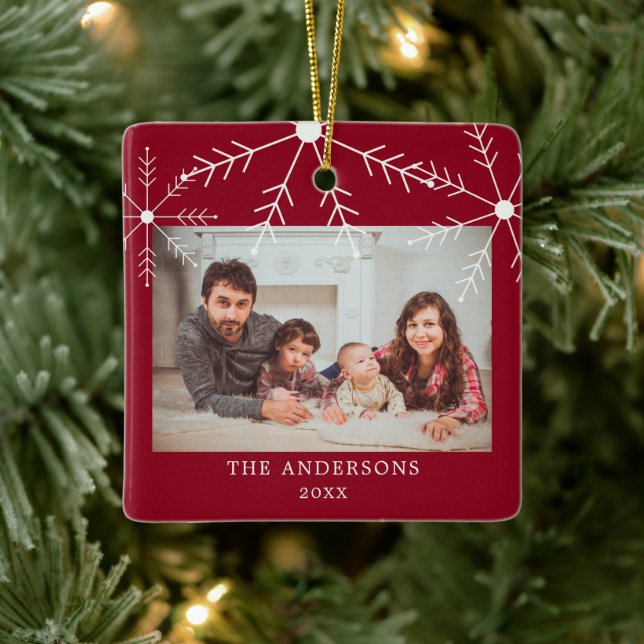 Cute Red Family Photo Snowflakes Christmas Name Ceramic Ornament (Tree)