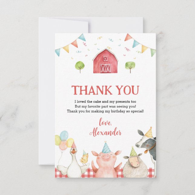 Cute Red Farm Animals and Barn Birthday Party Thank You Card (Front)