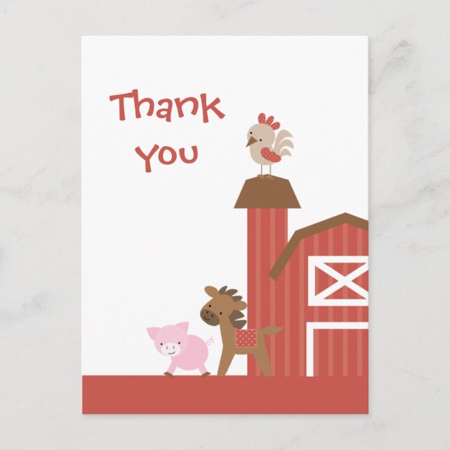 Cute red farm animals boy's thank you postcard (Front)
