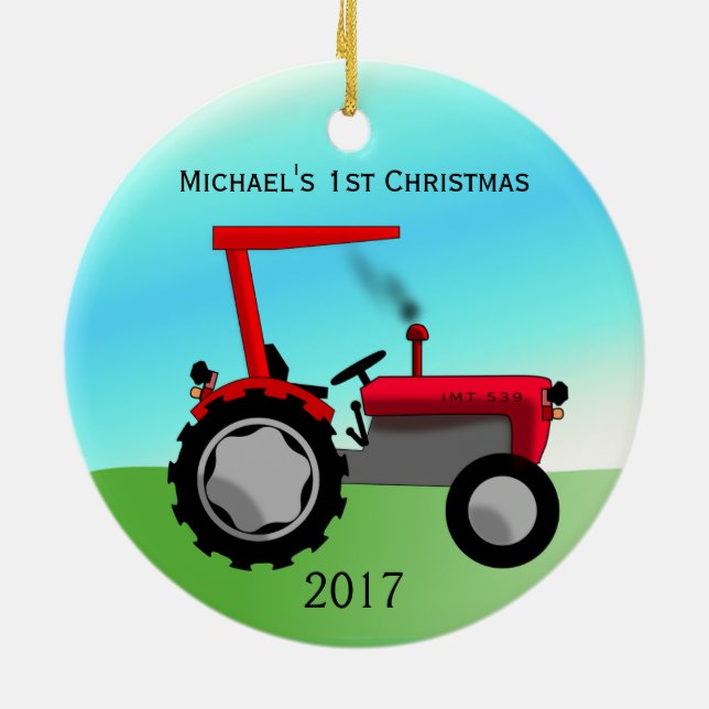 Cute Red Farm Tractor Baby's First Christmas Ceramic Tree Decoration (Back)