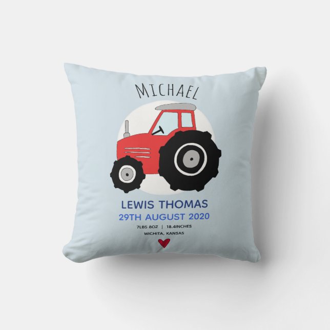 Cute Red Farm Tractor Name Baby Boy Birth Stats Cushion (Front)
