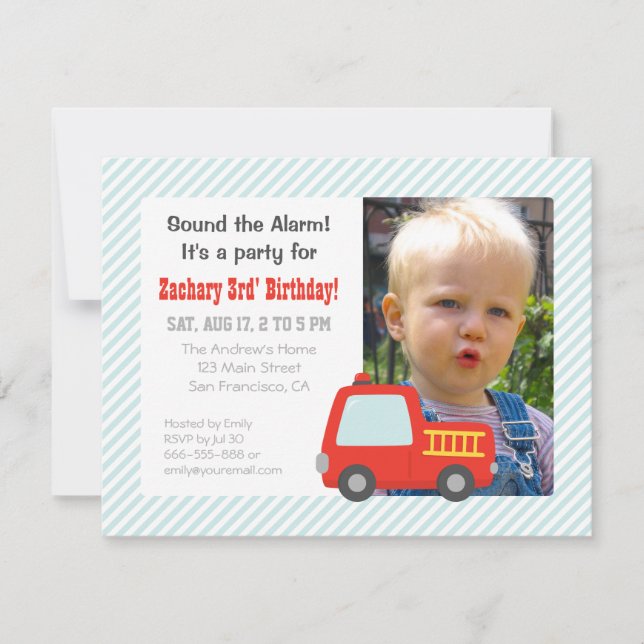 Cute Red Fire Truck Boys Birthday Party Photo Invitation (Front)