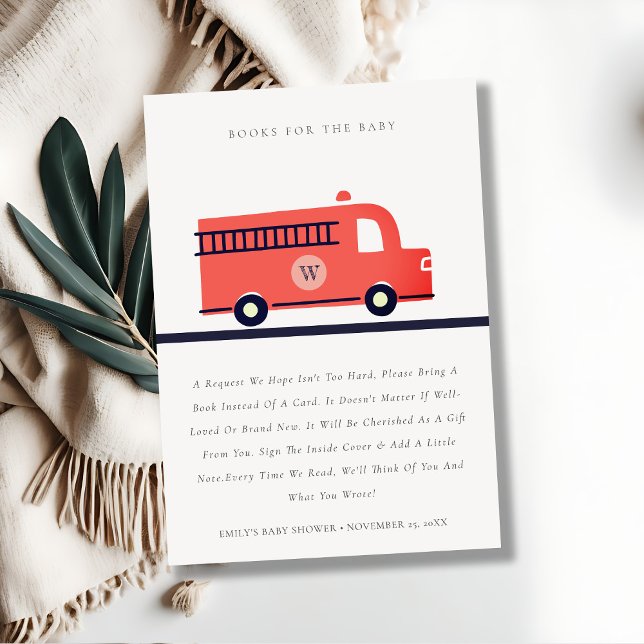 Cute Red Fire Truck Engine Books For Baby Shower Enclosure Card (Creator Uploaded)