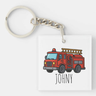 Cute Red Fire Truck Firefighter Kids name Key Ring