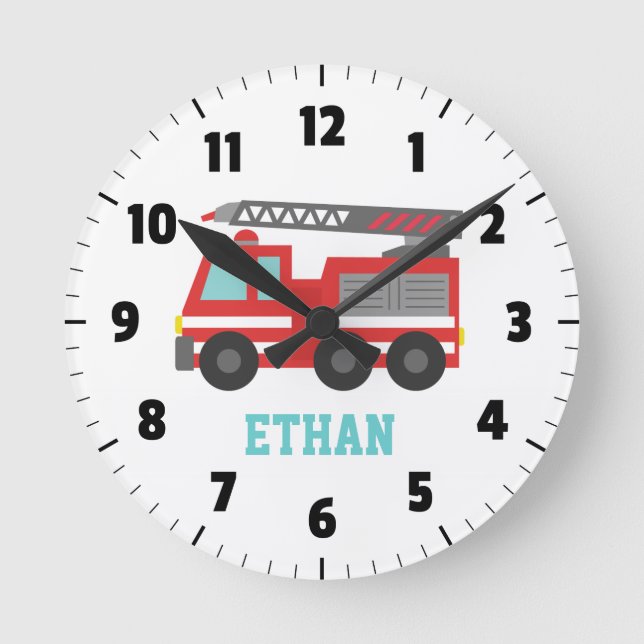 Cute Red Fire Truck for Boys Bedroom Round Clock (Front)