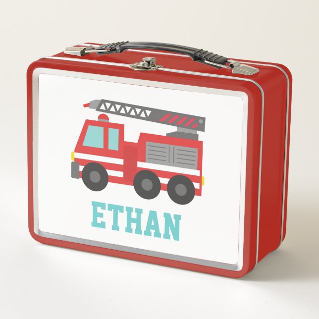 Cute Red Fire Truck for Little Fire fighters Lunch Metal Lunch Box (Front)