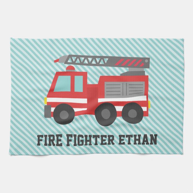 Cute Red Fire Truck for Little Fire fighters Tea Towel (Horizontal)