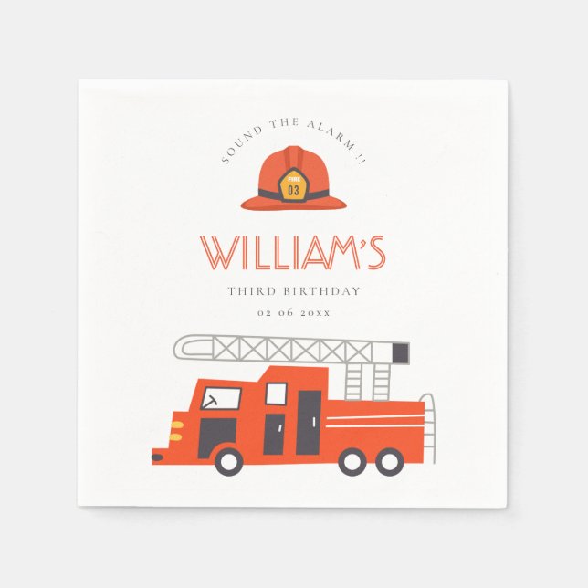 Cute Red Firetruck Engine Kids Any Age Birthday Napkin (Front)