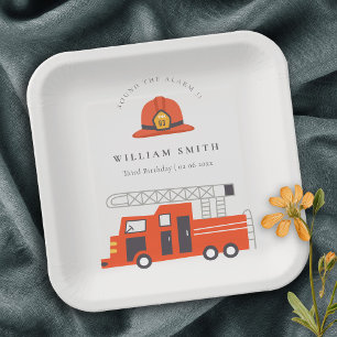 Cute Red Firetruck Engine Kids Any Age Birthday Paper Plate
