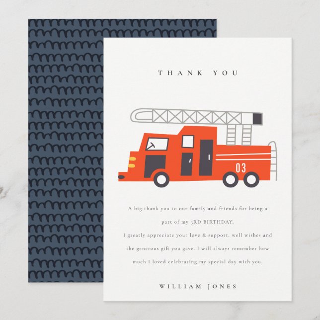 Cute Red Firetruck Engine Kids Any Age Birthday Thank You Card (Front/Back)