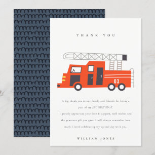 Cute Red Firetruck Engine Kids Any Age Birthday Thank You Card