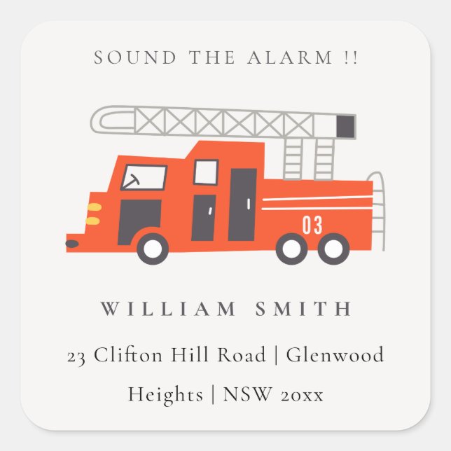 Cute Red Firetruck Engine Kids Birthday Address Square Sticker (Front)