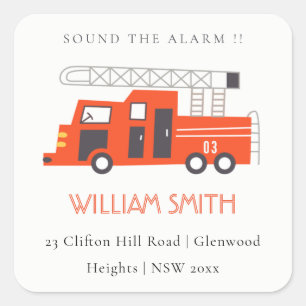 Cute Red Firetruck Engine Kids Birthday Address Square Sticker