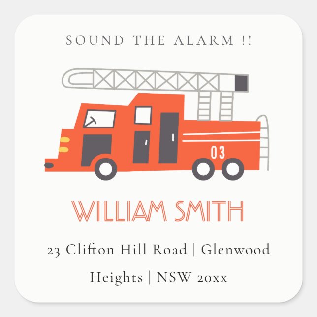 Cute Red Firetruck Engine Kids Birthday Address Square Sticker (Front)